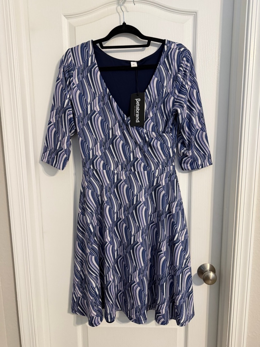 Betabrand Blue Patterned V-Neck Fit & Flare Preppy Reversible Dress Sz L